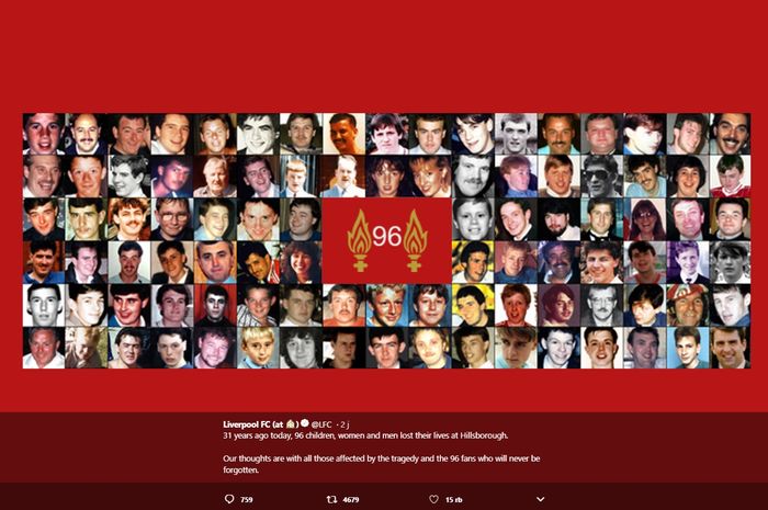 Liverpool memperingati tragedi Hillsborough dengan memasang 96 wajah korban meninggal.