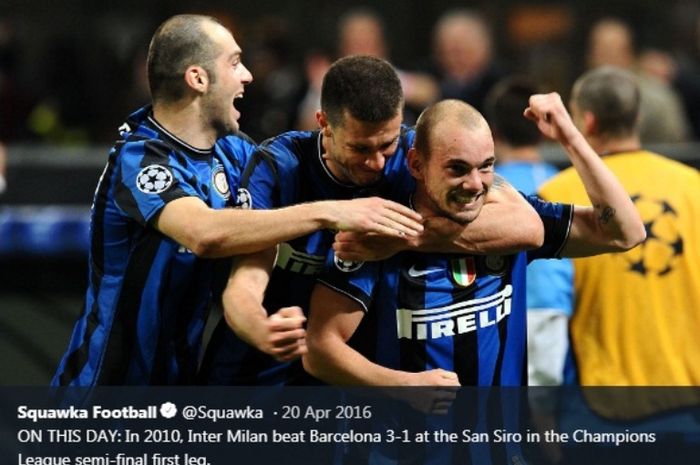 Gelandang Inter Milan,Wesley Sneijder, melakukan selebrasi seusai menjebol gawang Barcelona pada 20 April 2010.