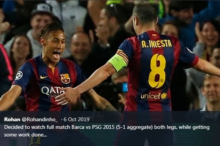 Neymar berselebrasi seusai menjebol gawang PSG dalam laga di Camp Nou, 21 April 2015.