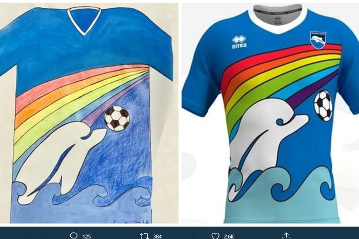 Jersey klub Liga Italia, Pescara, musim 2020-2021 yang merupakan hasil kompetisi desain untuk anak-anak di masa karantina COVID-19.  