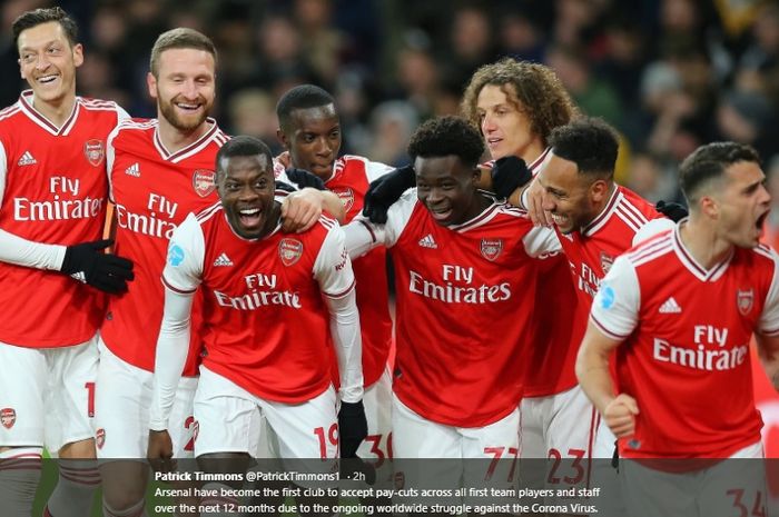 Para pemain Arsenal melakukan selebrasi  gol dalam sebuah pertandingan di kompetisi Liga Inggris.