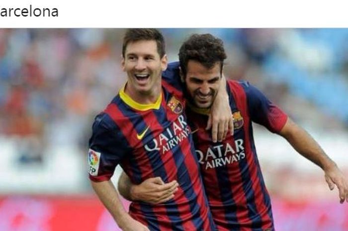 Megabintang Barcelona, Lionel Messi, melakukan selebrasi bersama Cesc Fabregas.