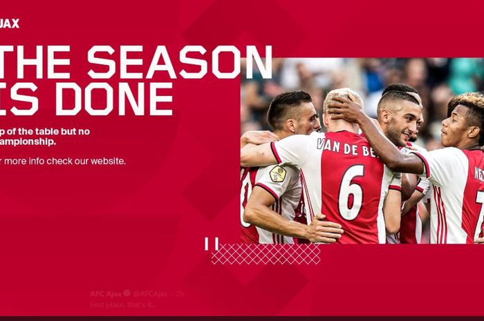 Postingan di Twitter resmi Ajax Amsterdam terkait penghentian kompetisi Liga Belanda 2019-2020.