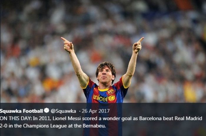 Selebrasi megabintang Barcelona, Lionel Messi,seusai menjebol gawang Real Madrid pada semifinal Liga Champions 2010-2011.