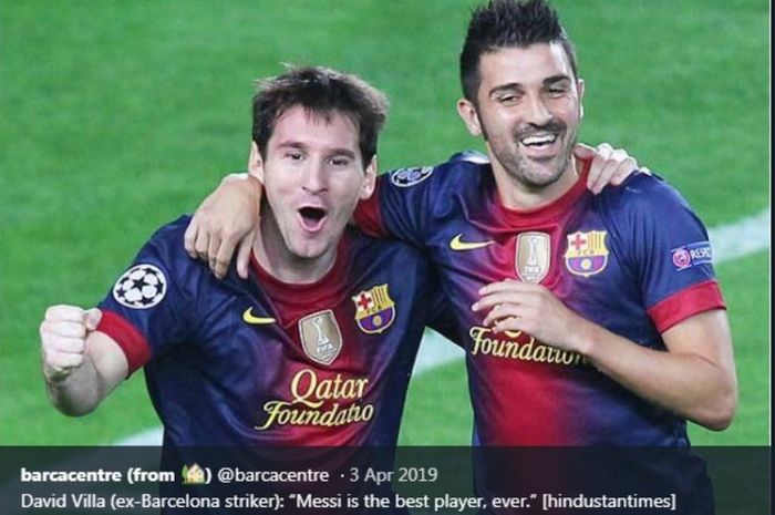 David Villa saat main bareng Lionel Messi di Barcelona.