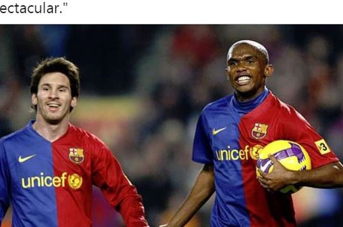 Penyerang Barcelona, Lionel Messi dan Samuel Eto'o.