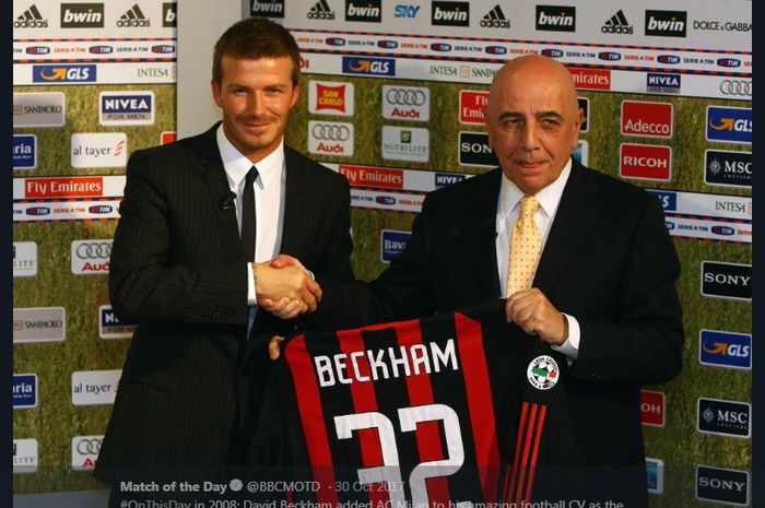 David Beckham saat diresmikan sebagai rekrutan baru AC Milan bersama Wakil Presiden Adriano Galliani.