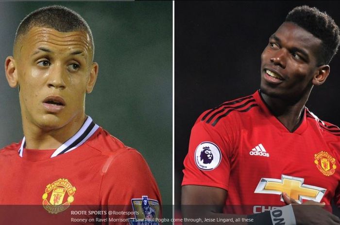 Mantan pemain Manchester United, Ravel Morrison (Kiri) dan gelandang andalan The Red Devils saat ini, Paul Pogba (Kanan).