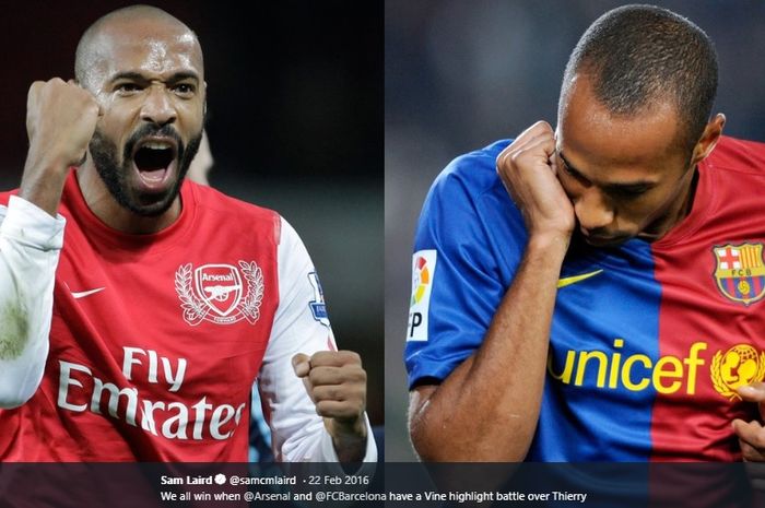 Kiri: Thierry Henry kembali berseragam Arsenal selama satu bulan pada tahun 2012.  Kanan: Thierry Henry kala berseragam Barcelona pada musim 2007-20010