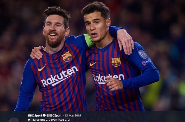 Momen kebersamaan Lionel Messi dan Philippe Coutinho pada laga Liga Champions saat Barcelona bertemu Olympique Lyon pada edisi 2018-2019.