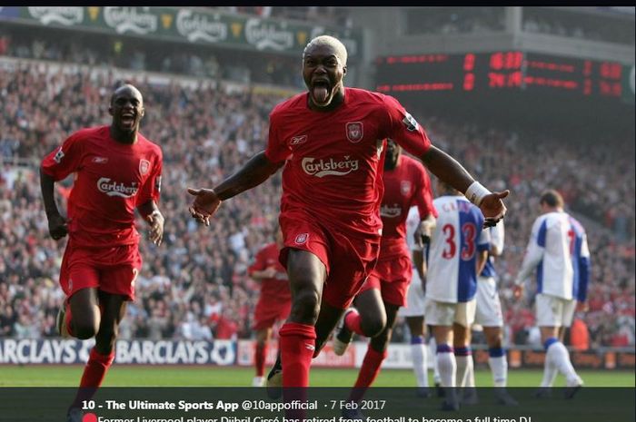 Djibril Cisse saat merayakan golnya untuk Liverpool.