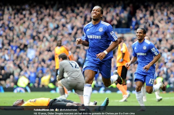 Penyerang Chelsea, Didier Drogba, merayakan gol ketiganya pada laga kontra Wigan Athletic di Stamford Bridge, 9 Mei 2010 lalu.