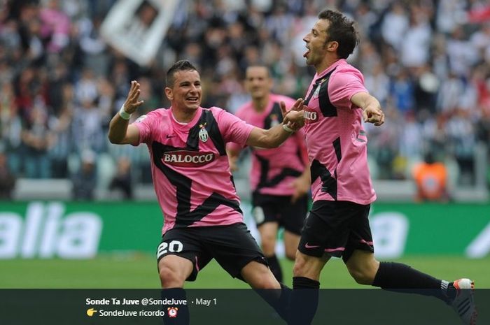 Selebrasi Alessandro Del Piero usai menjebol gawang Atalanta dalam laga terakhirnya membela Juventus 13 Mei 2012.