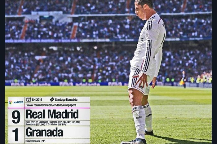 Cristiano Ronaldo membuat Real Madrid menghancurkan Granada dalam partai Liga Spanyol musim 2014-2015.