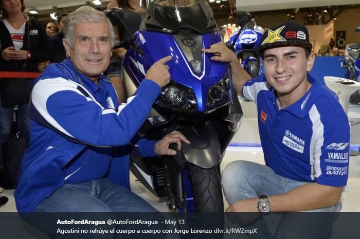 Giacomo Agostini (kiri) terlibat perseteruan dengan Jorge Lorenzo (kanan) karena komentarnya soal kegagalan Lorenzo di Ducati.