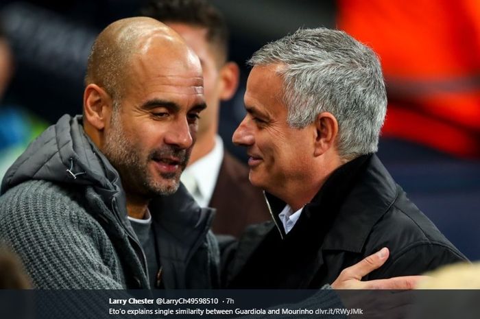 Momen Pep Guardiola dan Jose Mourinho saling bertemu dan memberi salam.