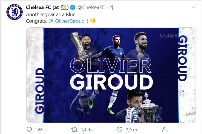 Pengumuman perpanjangan kontrak Olivier Giroud di akun Twitter Chelsea.