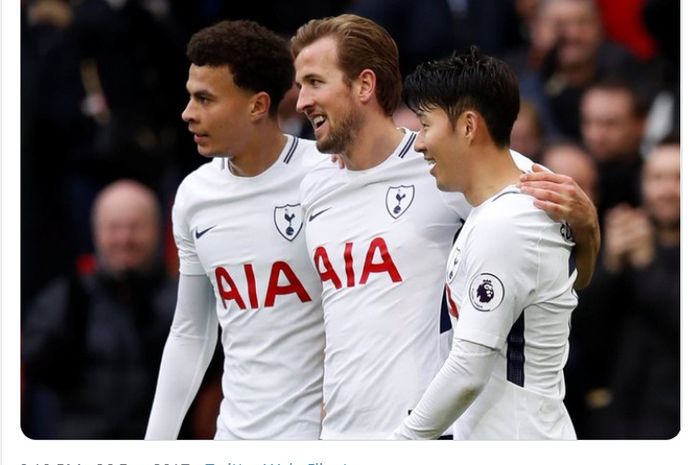 Dele Alli (kiri), Harry Kane (tengah), Son Heung-min (kanan) saat membela Tottenham Hotspur.