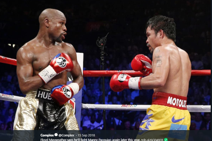 Floyd Mayweather dan Manny Pacquiao ketika keduanya bertarung di MGM Grand Garden, Las Vegas, Nevada, AS, pada 2 Mei 2015.