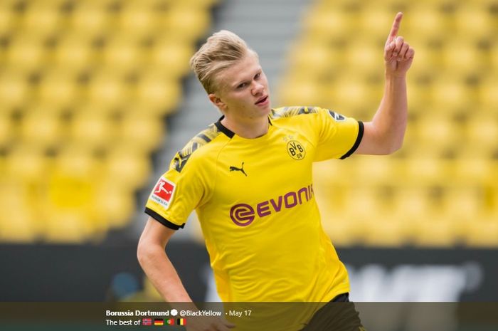 Penyerang Borussia Dortmund, Erling Haaland, melakukan selebrasi.