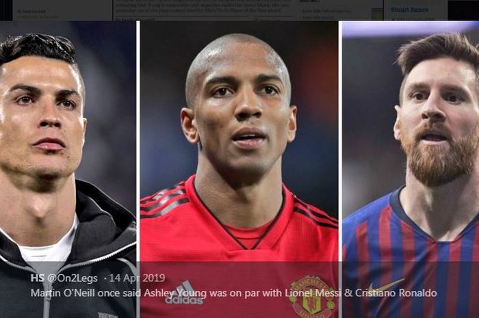 Ashley Young (tengah) pernah disebut sebanding dengan Cristiano Ronaldo dan Lionel Messi.