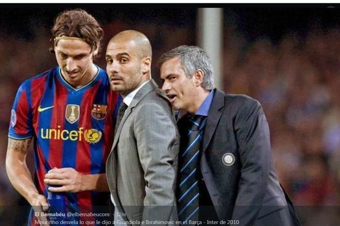 Jose Mourinho, Pep Guardiola, dan Zlatan Ibrahimovic, dalam partai semifinal Liga Champions 2009-2010 Barcelona vs Inter Milan.