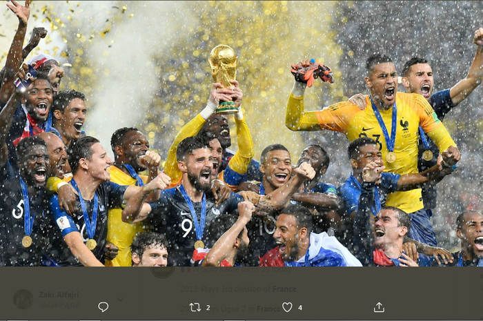 Timnas Prancis saat menjuarai Piala Dunia 2018 dengan melawan timnas Kroasia di babak final.