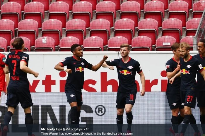 Penyerang RB Leipzig, Timo Werner, sukses mencetak hat-trick dalam kemenangan 5-0 atas Mainz 05 pada laga lanjutan pekan ke-27 Bundesliga, Minggu (24/5/2020).