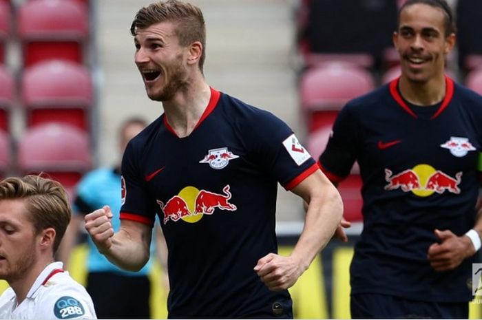 Timo Werner, mencetak hat-trick dalam kemenangan 5-0 RB Leipzig atas Mainz pada pekan ke-27 Bundesliga, Minggu (24/5/2020) di Opel Arena.