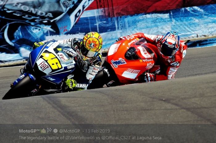 Kesuksesan mengatasi kecepatan Casey Stoner (#1) dalam balapan MotoGP Amerika Serikat di Laguna Seca (20/7/2008) menjadi salah satu penampilan terbaik Valentino Rossi (#46) sepanjang kariernya.