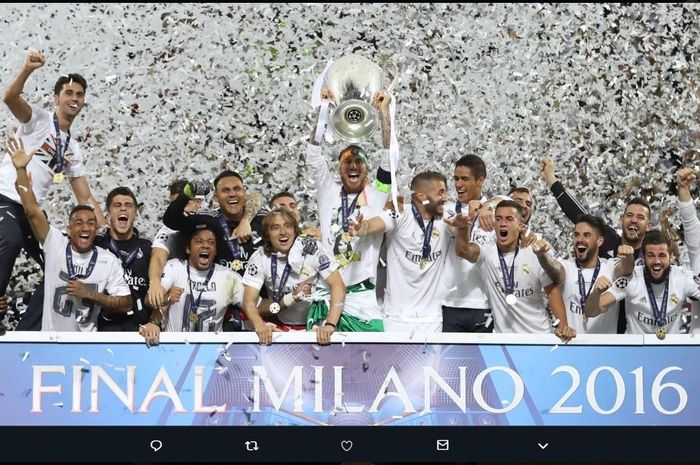 Real Madrid juara Liga Champions 2015-2016 usai menang adu penalti atas Atletico Madrid di San Siro, Milan, 28 Mei 2016.