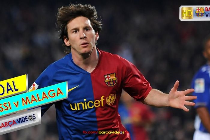 Gol spektakuler Lionel Messi saat laga melawan Malaga pada pekan ke-28 Liga Spanyol 2008-2009.