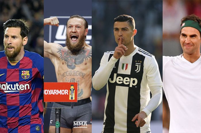 Kolase atlet pria. Lionel Messi, Connor McGregor, Cristiano Ronaldo dan Roger Federer.