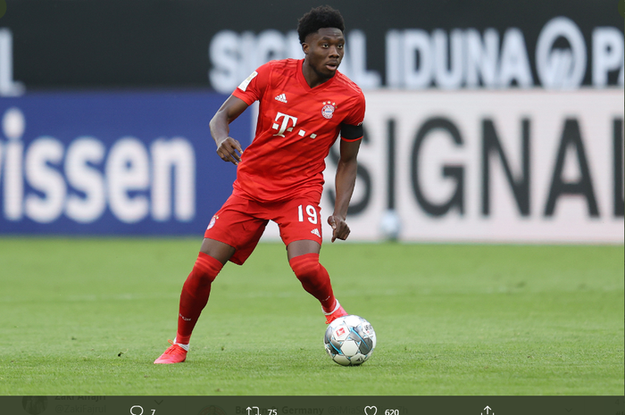 Bek kiri asal Kanada, Alphonso Davies, mencatatkan kecepatan sprint 35,4 km/jam dalam laga Bayern Muenchen vs Fortuna Dusseldorf, Sabtu (30/5/2020) WIB.