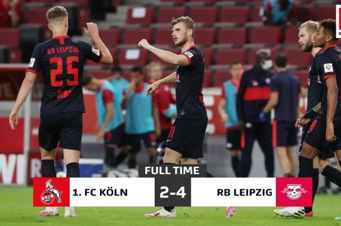 RB Leipzig, menang 4-2 atas Koeln setelah sempat tertinggal 0-1, Senin (1/6/2020) di RheinEergie Stadion.