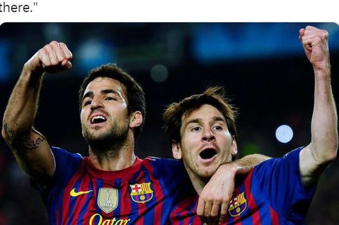 Cesc Fabregas dan Lionel Messi melakukan selebrasi saat sama-sama membela Barcelona.