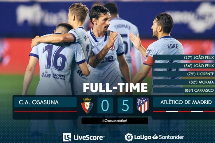 Atletico Madrid menang telak 5-0 atas Osasuna pada pekan ke-29 Liga Spanyol, Kamis (18/6/2020) dini hari WIB.