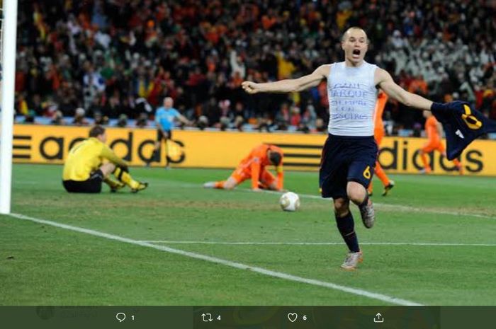 Andres Iniesta merayakan gol ke gawang timnas Belanda pada babak final Piala Dunia 2010.