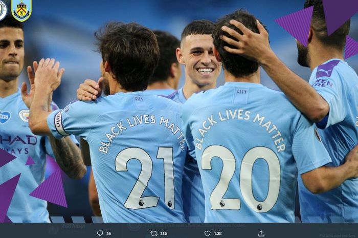 Manchester City berhasil menang 5-0 atas Burnley pada laga pekan ke-30 Liga Inggris 2019-2020 di Stadion Etihad, Selasa (23/6/2020) dini hari WIB.