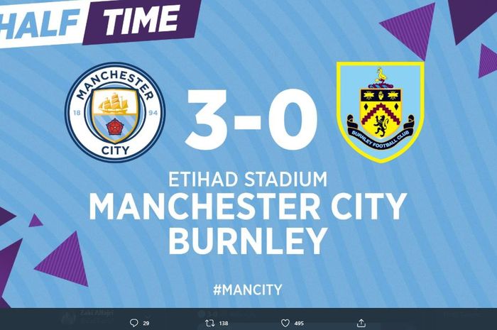 Manchester City berhasil unggul 3-0 atas Burnley di babak pertama.