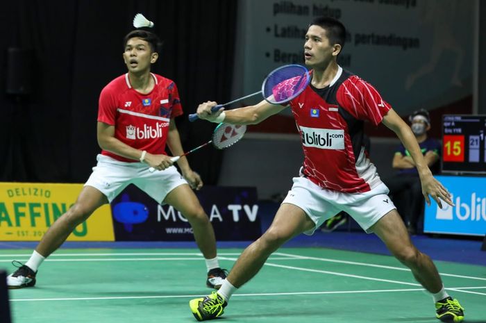 Pasangan ganda putra Fajar Alfian/Yeremia Yoche Yacob Rambitan pada laga pertama PBSI Home Tournament di pelatnas Cipayung, Jakarta, Rabu (24/6/2020).