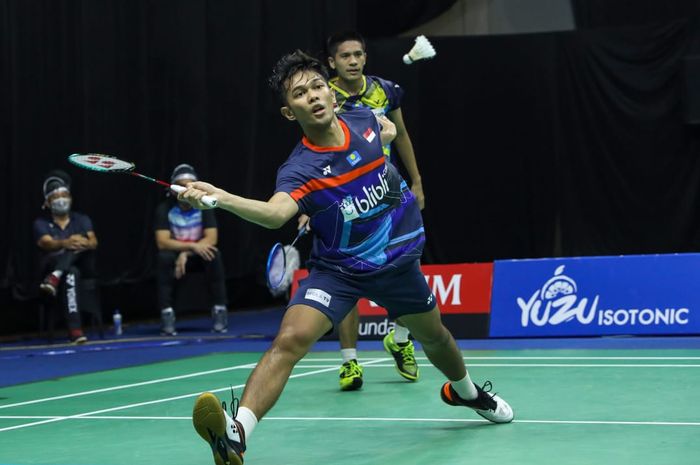 Pasangan ganda putra Fajar Alfian/Yeremia Yoche Yacob Rambitan pada laga pertama PBSI Home Tournament di pelatnas Cipayung, Jakarta, Rabu (24/6/2020).