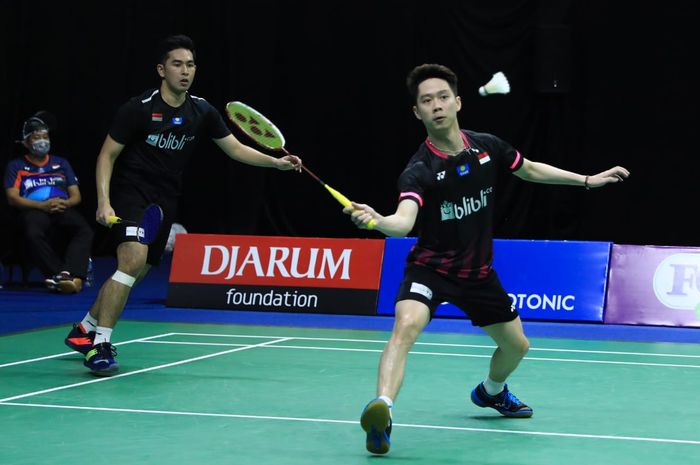 Pasangan ganda putra, Kevin Sanjaya Sukamuljo/Moh Reza Pahlevi  Isfahani pada hari kedua sesi pagi PBSI Home Tournament, Kamis (25/6/2020).