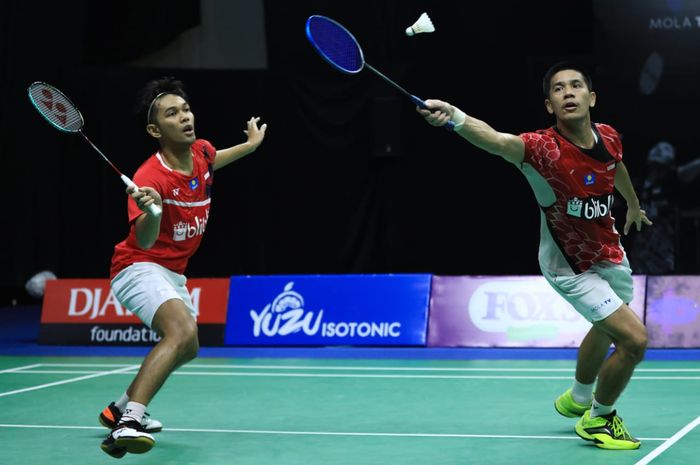 Pasangan ganda putra Fajar Alfian/Yeremia Yoche Yacob Rambitan pada laga pertama PBSI Home Tournament di pelatnas Cipayung, Jakarta, Kamis (25/6/2020).