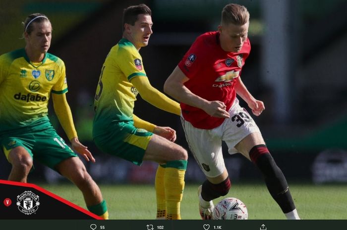 Aksi pemain Manchester United, Scott McTominay pada laga melawan Norwich City dalam babak perempat final Piala FA, Sabtu (27/6/2020).