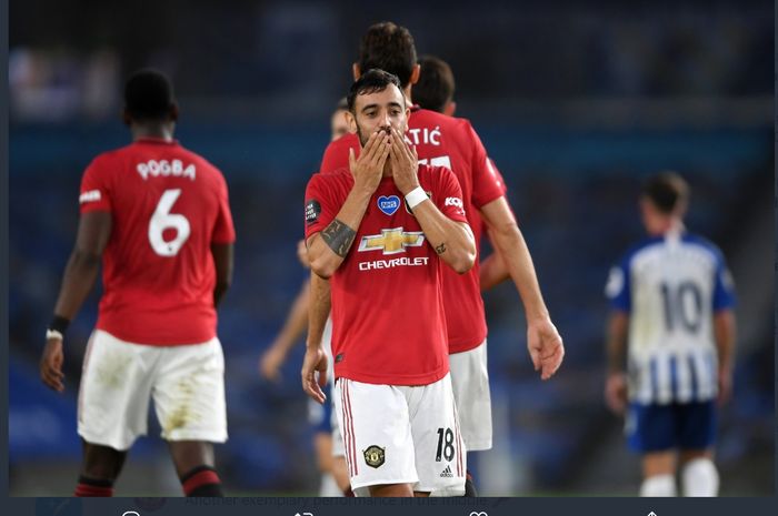 Bruno Fernandes mencetak dua gol saat Manchester United mengalahkan Brighton &amp; Hove Albion 3-0 pada pekan ke-32 Liga Inggris, Selasa (30/6/2020).