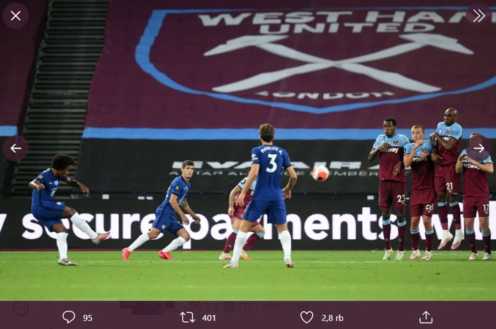 Chelsea gagal meraih poin penuh ketika bertandang ke markas West Ham United, London Stadium, pada laga pekan ke-32 Liga Inggris, Rabu (1/7/2020) waktu setempat.