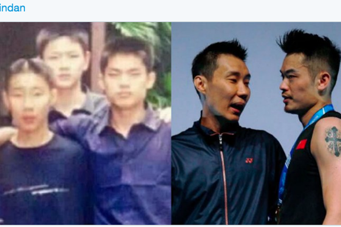 Kebersamaan pebulu tangkis Malaysia dan China, Lee Chong Wei, dan Lin Dan (kanan) saat masih kecil dan dewasa.