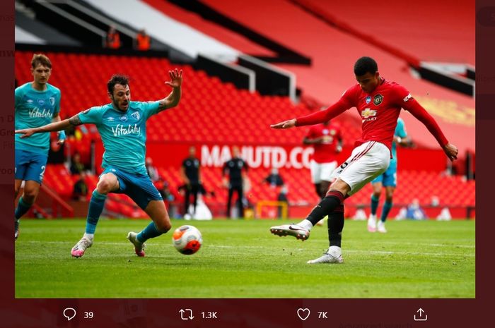 Wonderkid Manchester United, Mason Greenwood, berhasil mencetak brace ketika menghadapi Bournemouth pada laga pekan ke-33 Liga Inggris, Sabtu (4/7/2020).