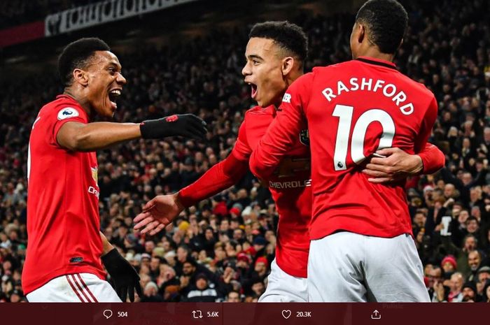 Trisula lini depan Manchester United, Anthony Martial, Mason Greenwood, dan Marcus Rashford.